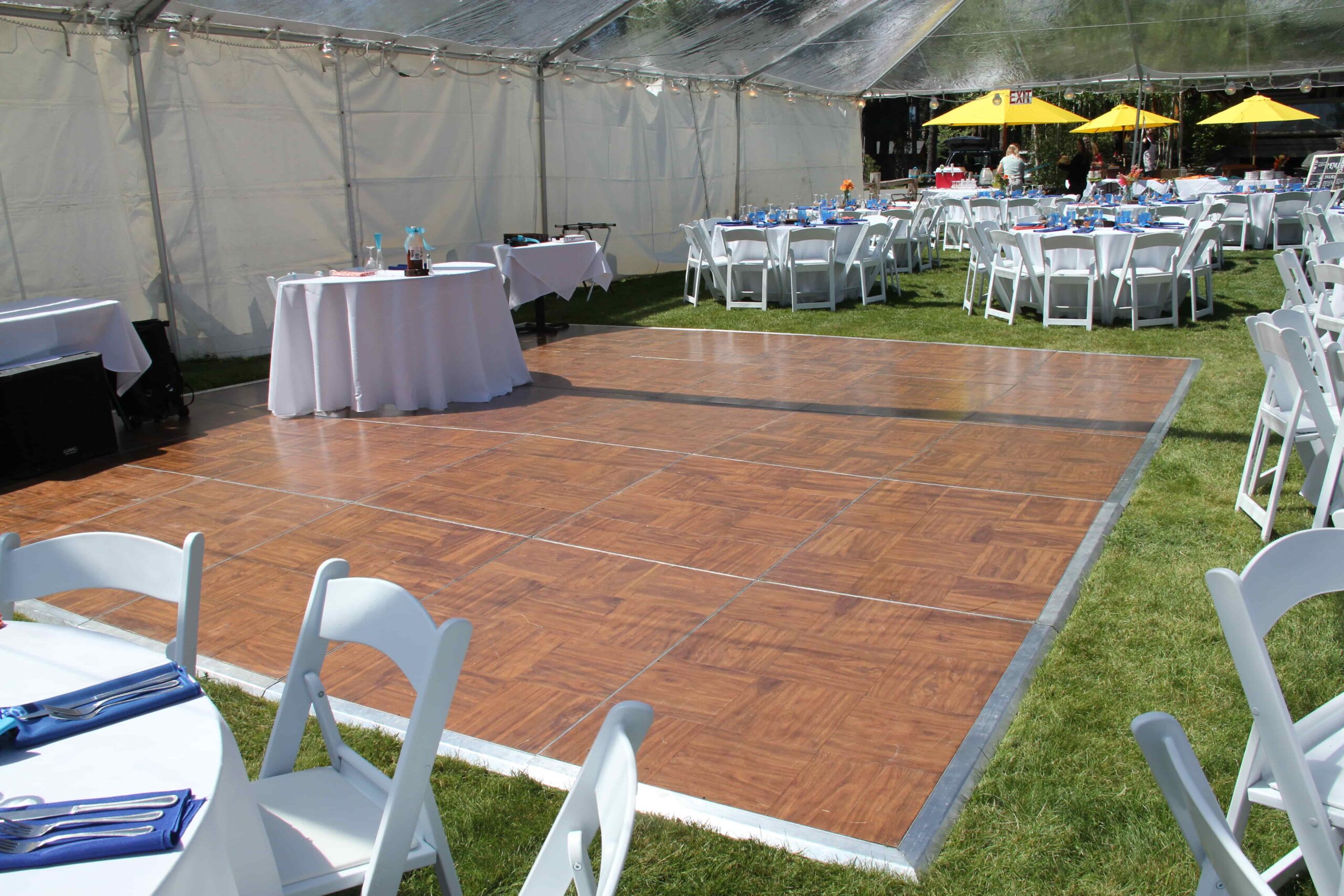 Wedding reception in tent ready for dancing