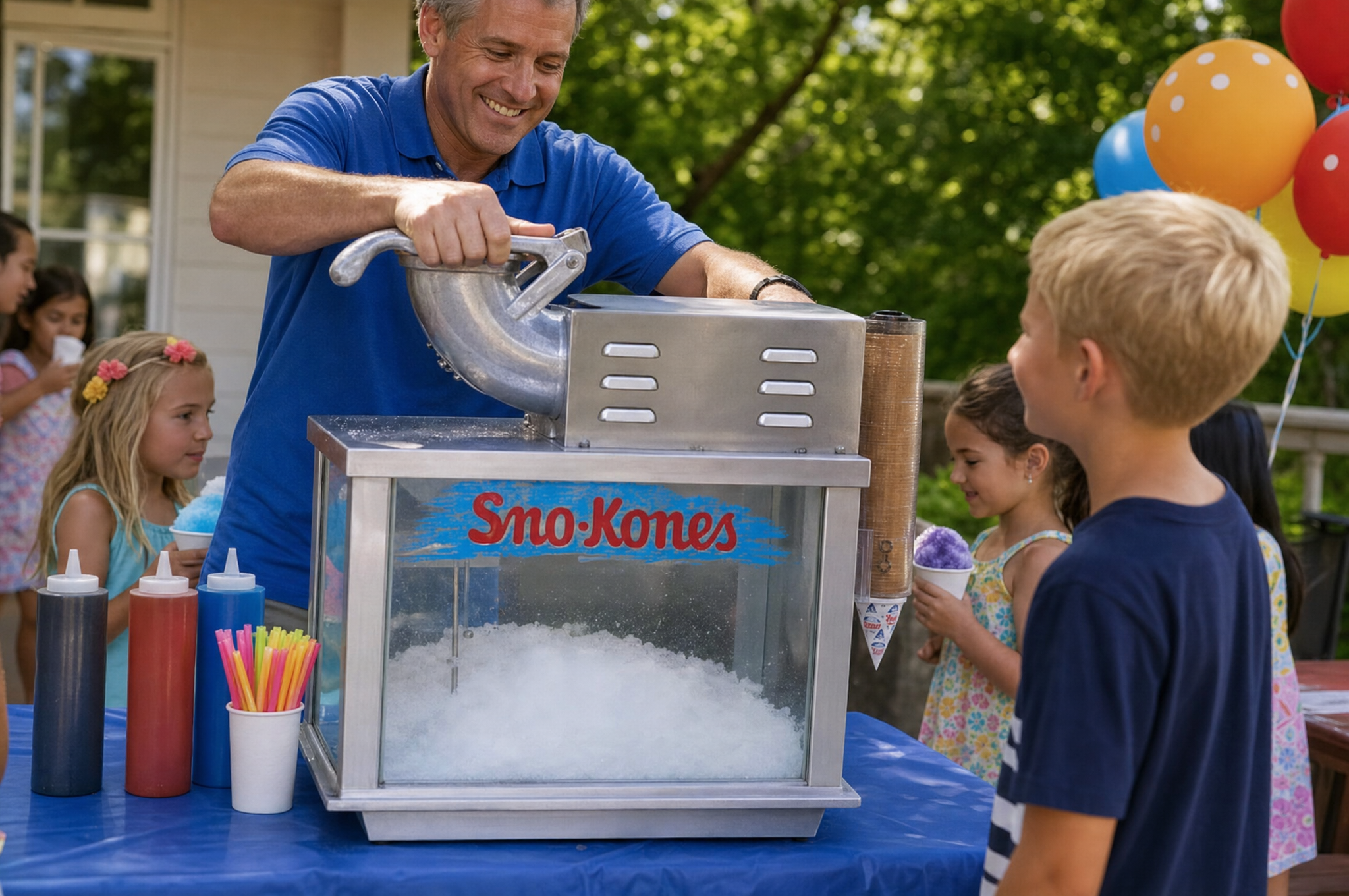 corona_products_sno-kones_rental Snow Kones machine being used for a children outdoor party
